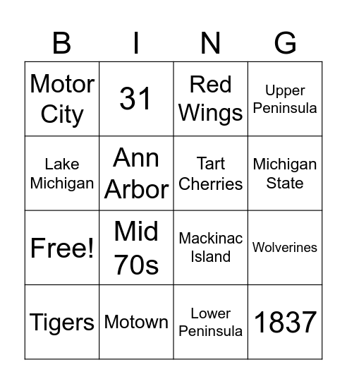 Off to Michigan! Bingo Card