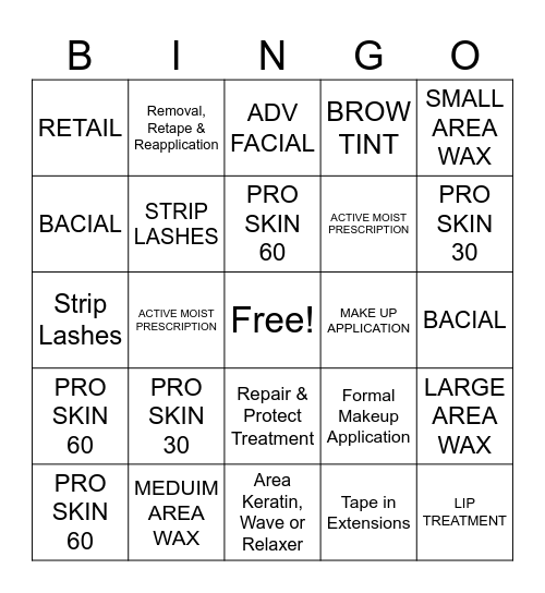 Esthetics Bingo Card