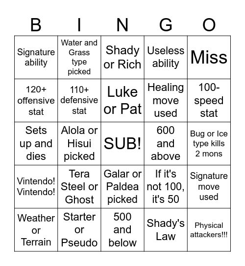Bingo (No Legendarys) Bingo Card