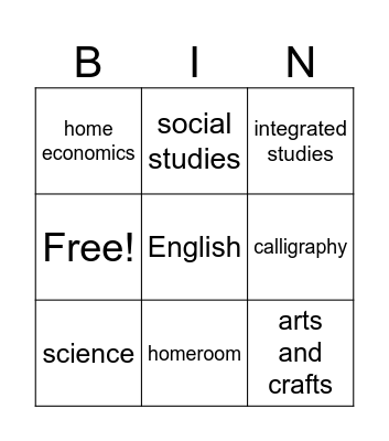Subjects Bingo Card