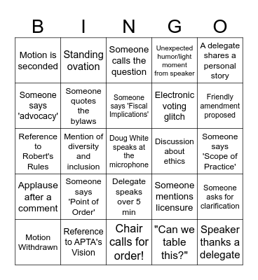 APTA House of Delegates 2025! Bingo Card