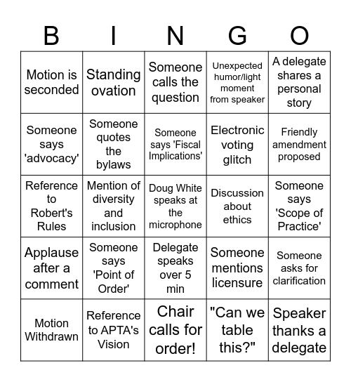 APTA House of Delegates 2025! Bingo Card