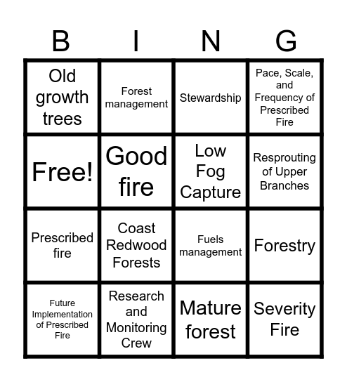 Fire Ecology of Redwoods Bingo Card
