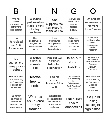 Education Day Symposium Work/Life Networking Bingo Card