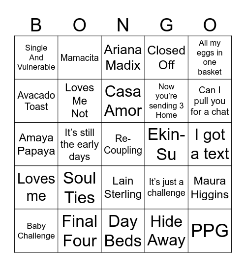 Love Island Bingo Card