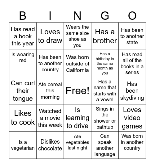 Girls Camp Get to Know You Bingo Card