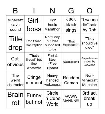 Minecraft Movie Bingo Card