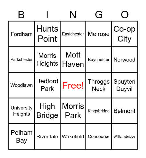 Bronx Neighborhood Bingo Card