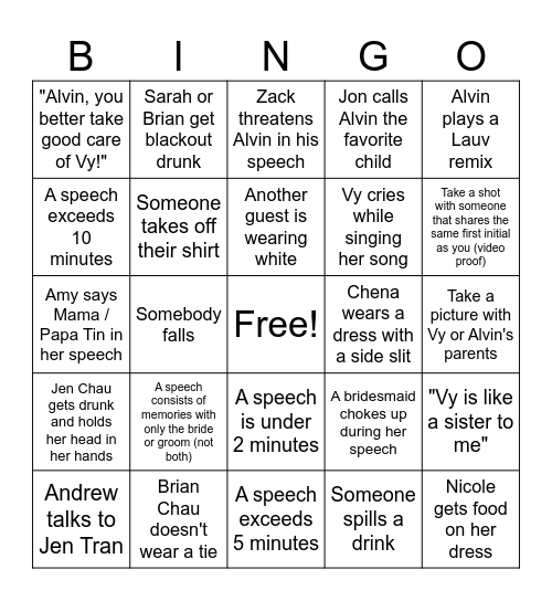 AlVy's Wedding Bingo Card