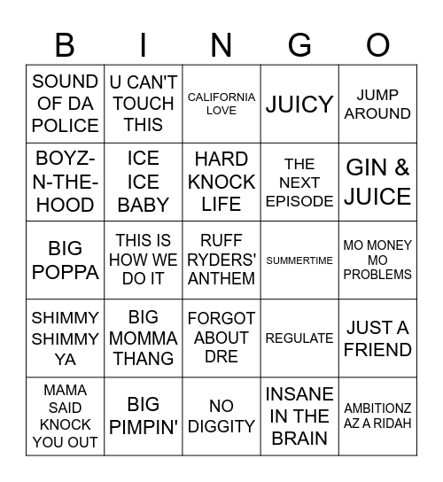 90'S RAP Bingo Card