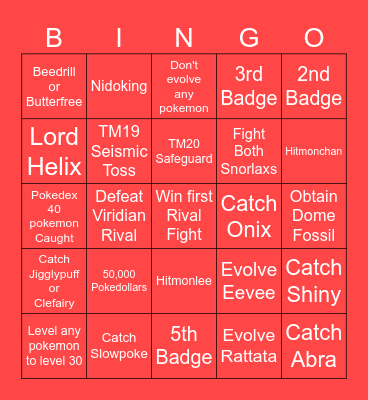 Pokemon Fire Red Bingo Card