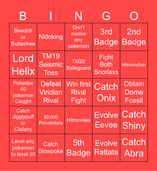 Pokemon Fire Red Bingo Card