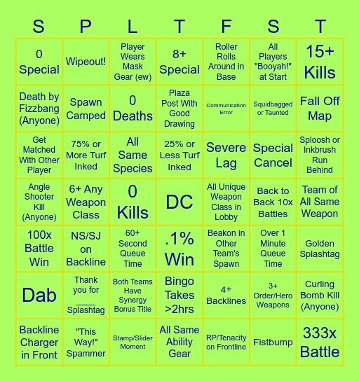 Splatoon 3 Splatfest Bingo Card
