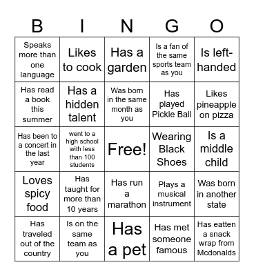 Getting To Know You Bingo Card