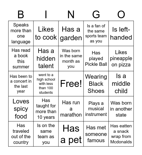Getting To Know You Bingo Card