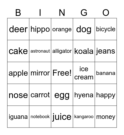 Letter A-O Bingo Card
