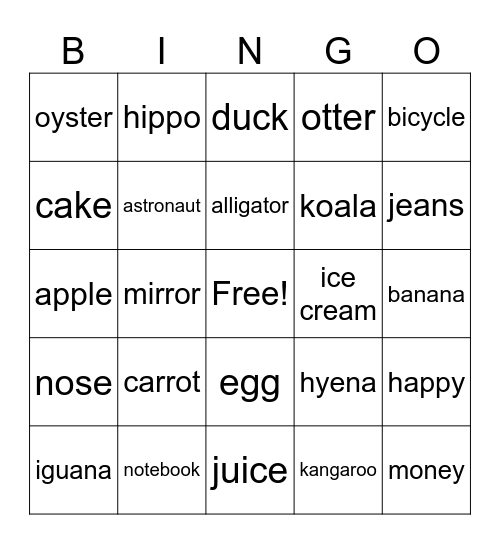 Letter A-O Bingo Card