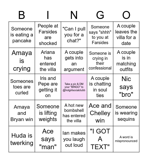 Hot Girl Social Club - Love Island Bingo Card