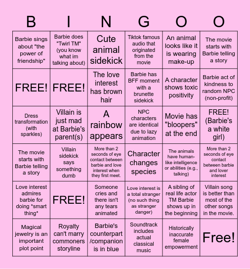Barbie Movie Bingo Card