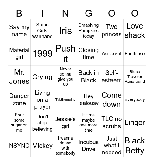 MUSICAL BINGO 90s Bingo Card