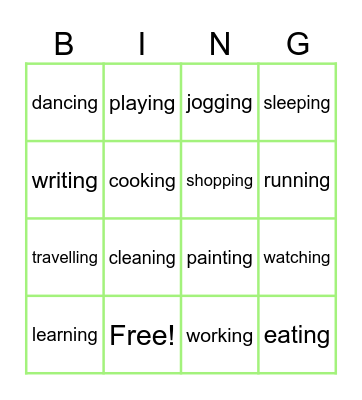 Gerund Bingo Card