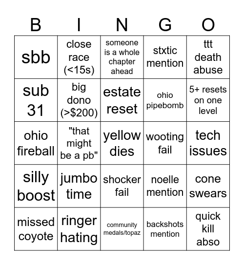 Neon White SGDQ 2025 Bingo Card