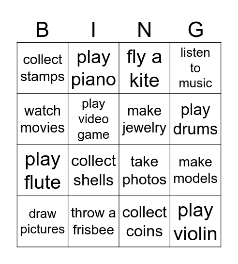 Hobbies Bingo Card