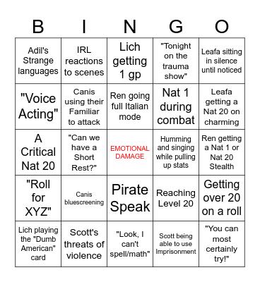 War of the Feywilds Bingo Card