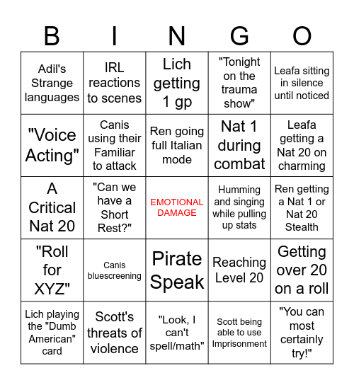 War of the Feywilds Bingo Card