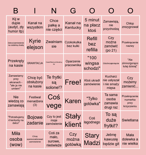 KFC Zmiana Bingo Card