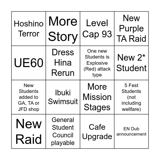 Predictions JP Fest Stream Bingo Card