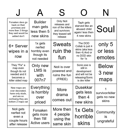 Forsaken's Noli update Bingo Card