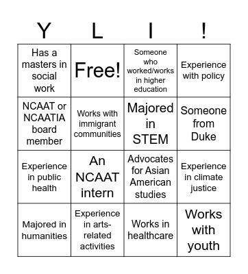YLI Networking Lunch Bingo Card