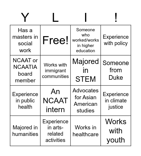 YLI Networking Lunch Bingo Card