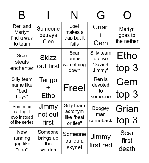 Life Series Bingo Card