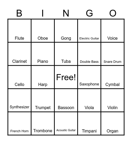 Instrument Bingo Card