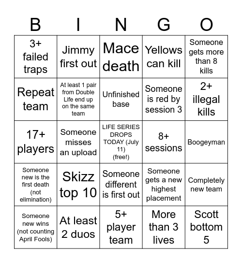 Life Series S7 Bingo!!! Bingo Card