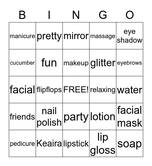 Spa Party Bingo Card