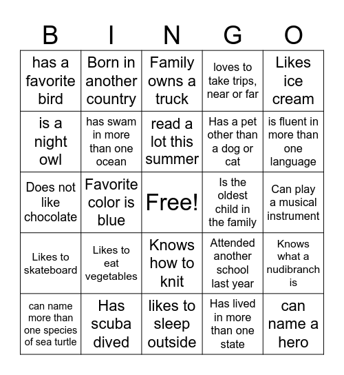 Classmate Bingo Card
