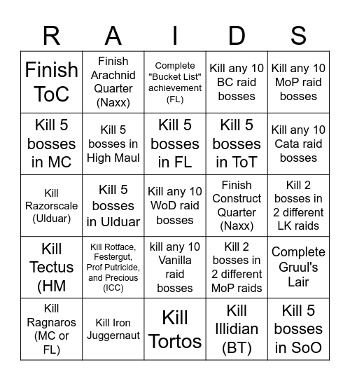 WoW Old Raids Bingo Card