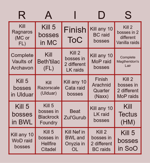 WoW Old Raids Bingo Card