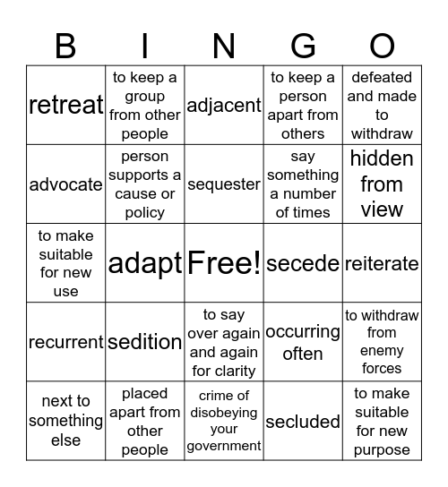 Vocabulary Bingo week of 10/31/16 Bingo Card