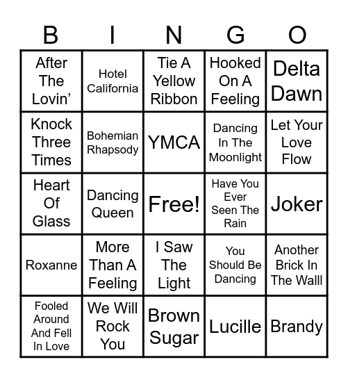 1970's Music Bingo Card