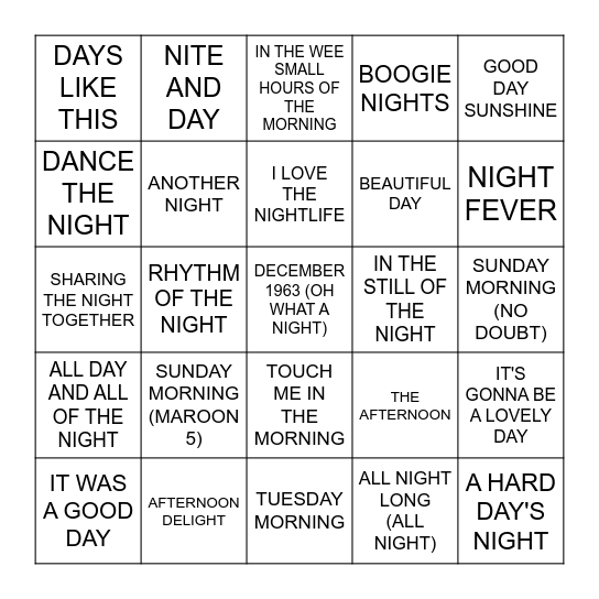 MORNING, NOON, NIGHT Bingo Card