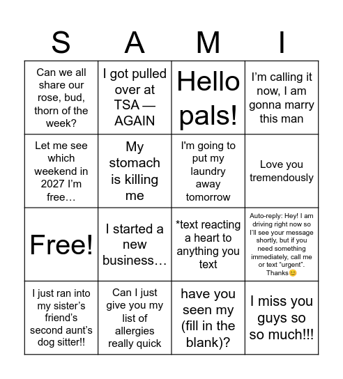 SAMI BINGO Card
