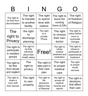Resident Rights Bingo Card