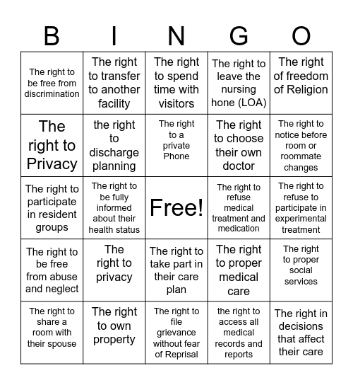 Resident Rights Bingo Card