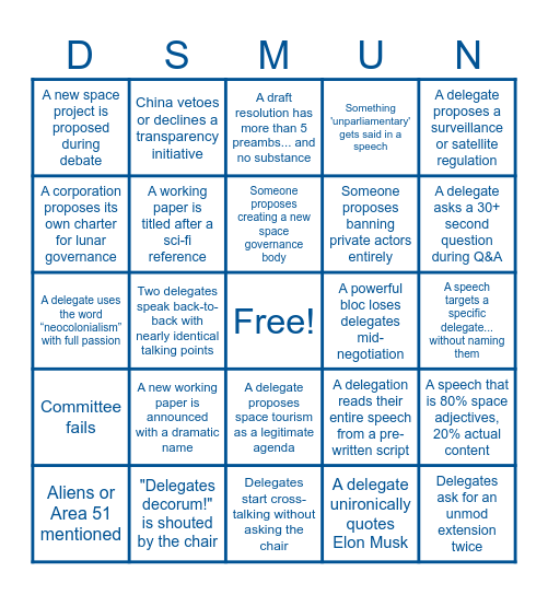 DSMUN Artemis Commission '25 Bingo Card