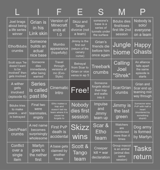 Life Series Bingo: Session 1 Bingo Card