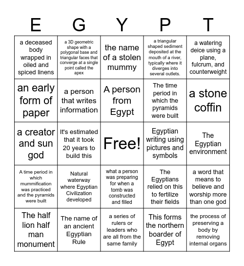 Ancient Egypt Bingo Card